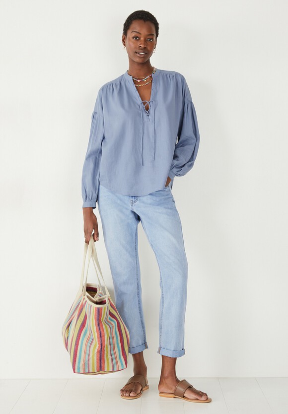 Tallulah Lace Up Linen Blouse | Blue | hush