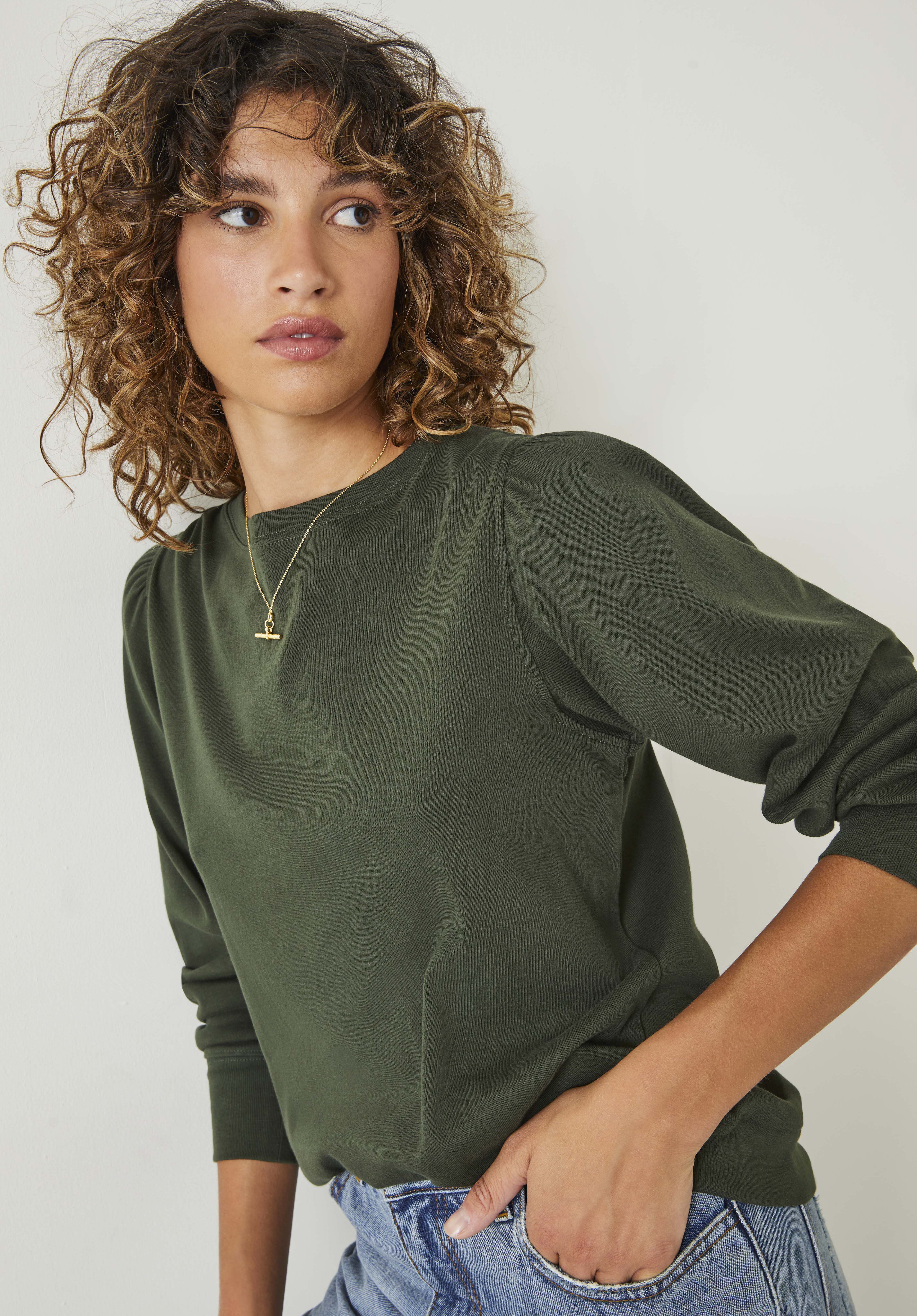 Emily Puff Sleeve Jersey Top | Dark Khaki | hush