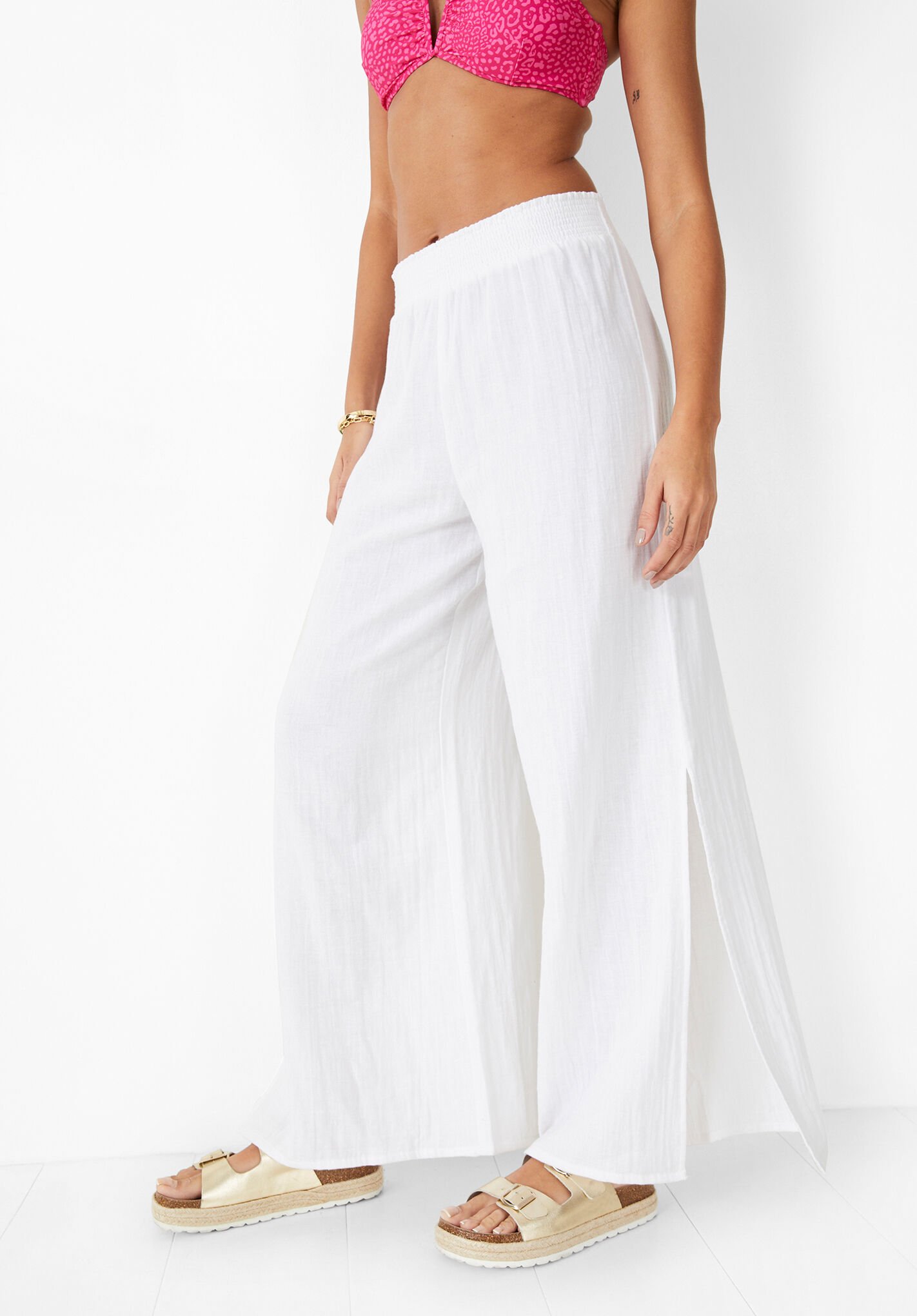 Boohoo Textured Linen Look Tassel Wide Leg Beach Pants in White  Lyst UK