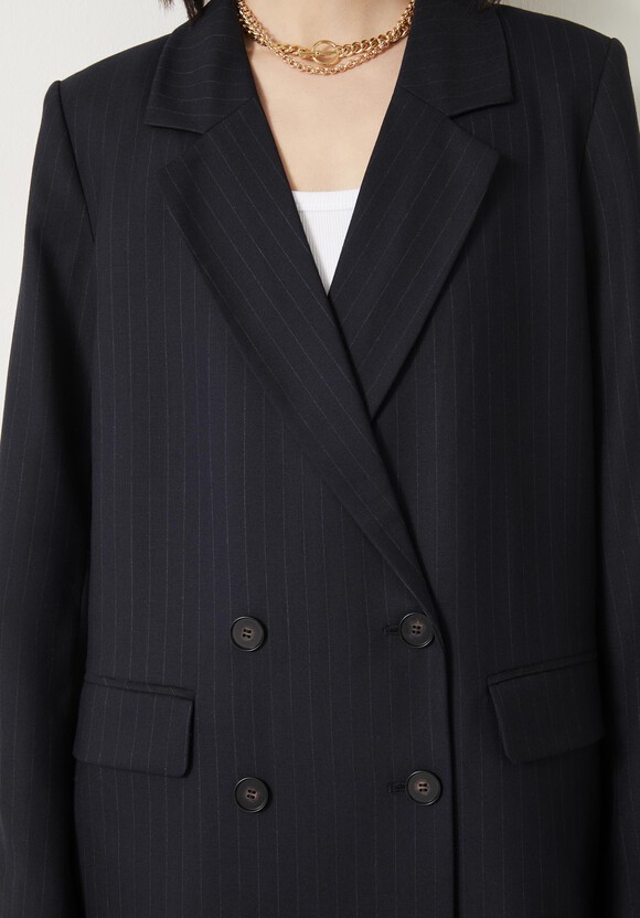 Double Breasted Pinstripe Wool Blend Blazer