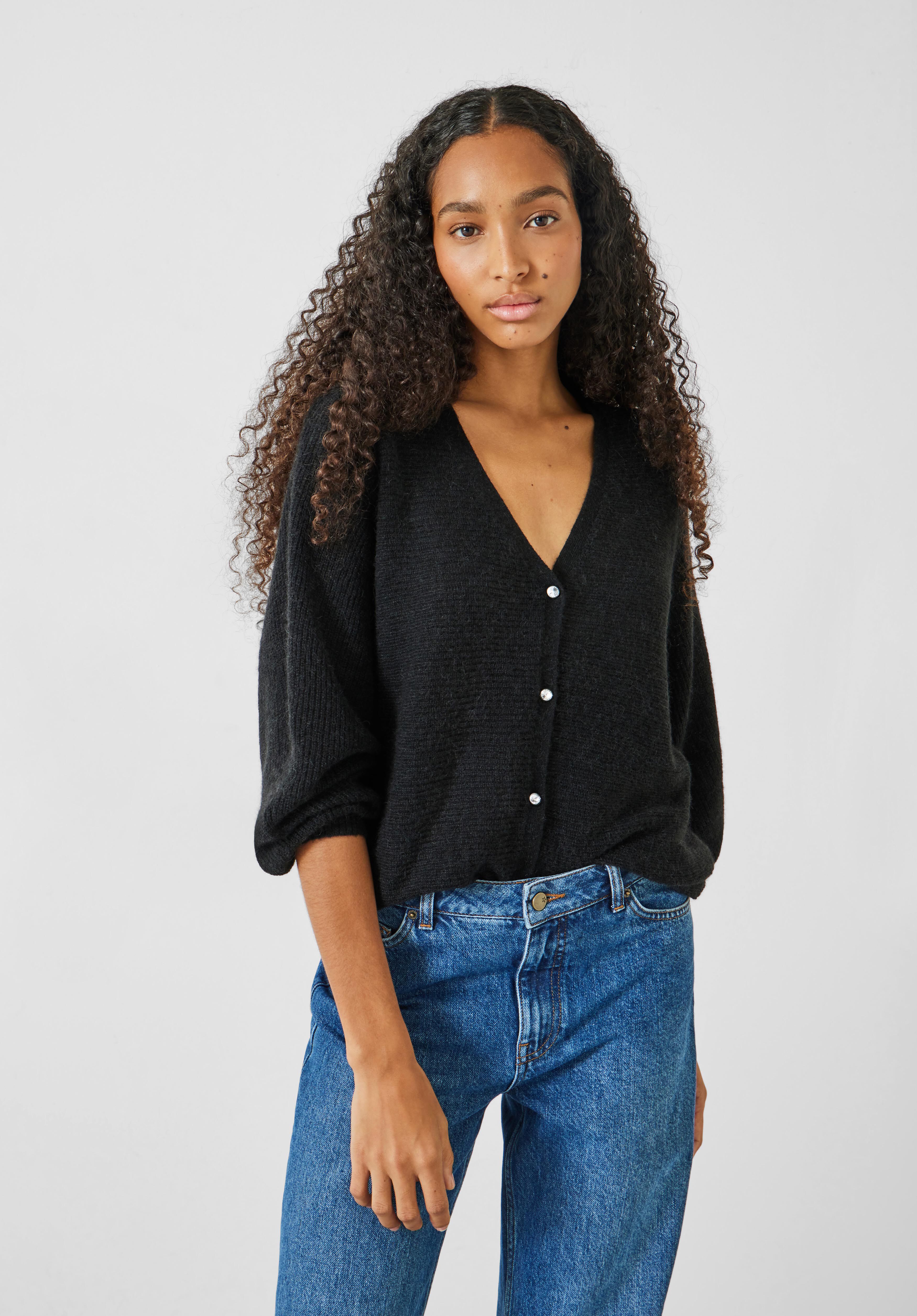 Cosmo Fluffy Wool Blend Ribbed Cardigan | Black | hush